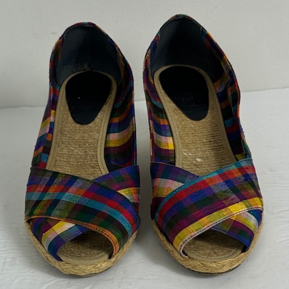 Ralph Lauren Espadrille Wedge Silk Shantung Plaid Peep Toe Sandals Womens Size 9 - Picture 6 of 12